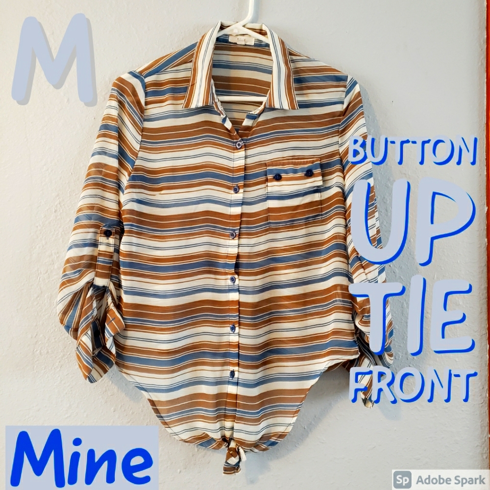 Mine Button Up Tie Front Sheer Stripes Blouse M